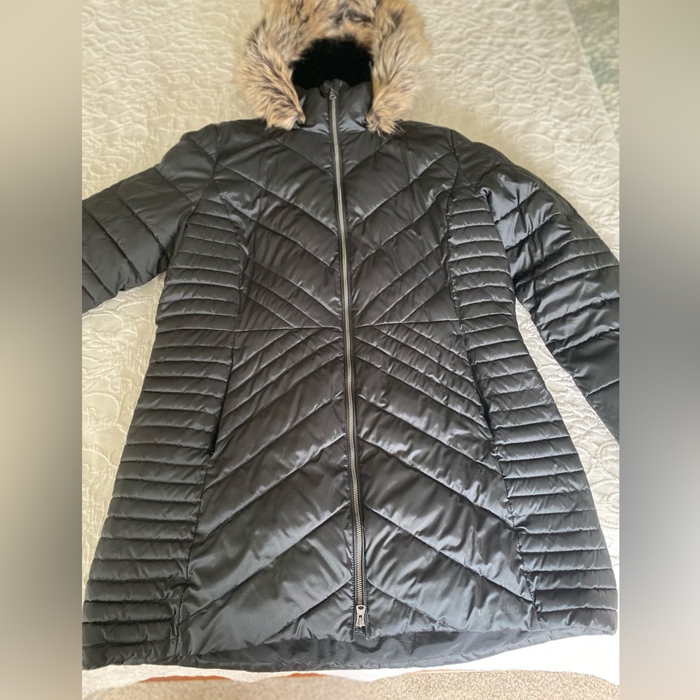Lands' End Women's Black Puffer Coat with Fur Trim